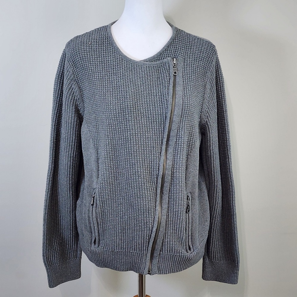LOFT‎ Moto Sweater Jacket Womens XL Gray Cotton Knit Zip Pockets Casual Cardigan